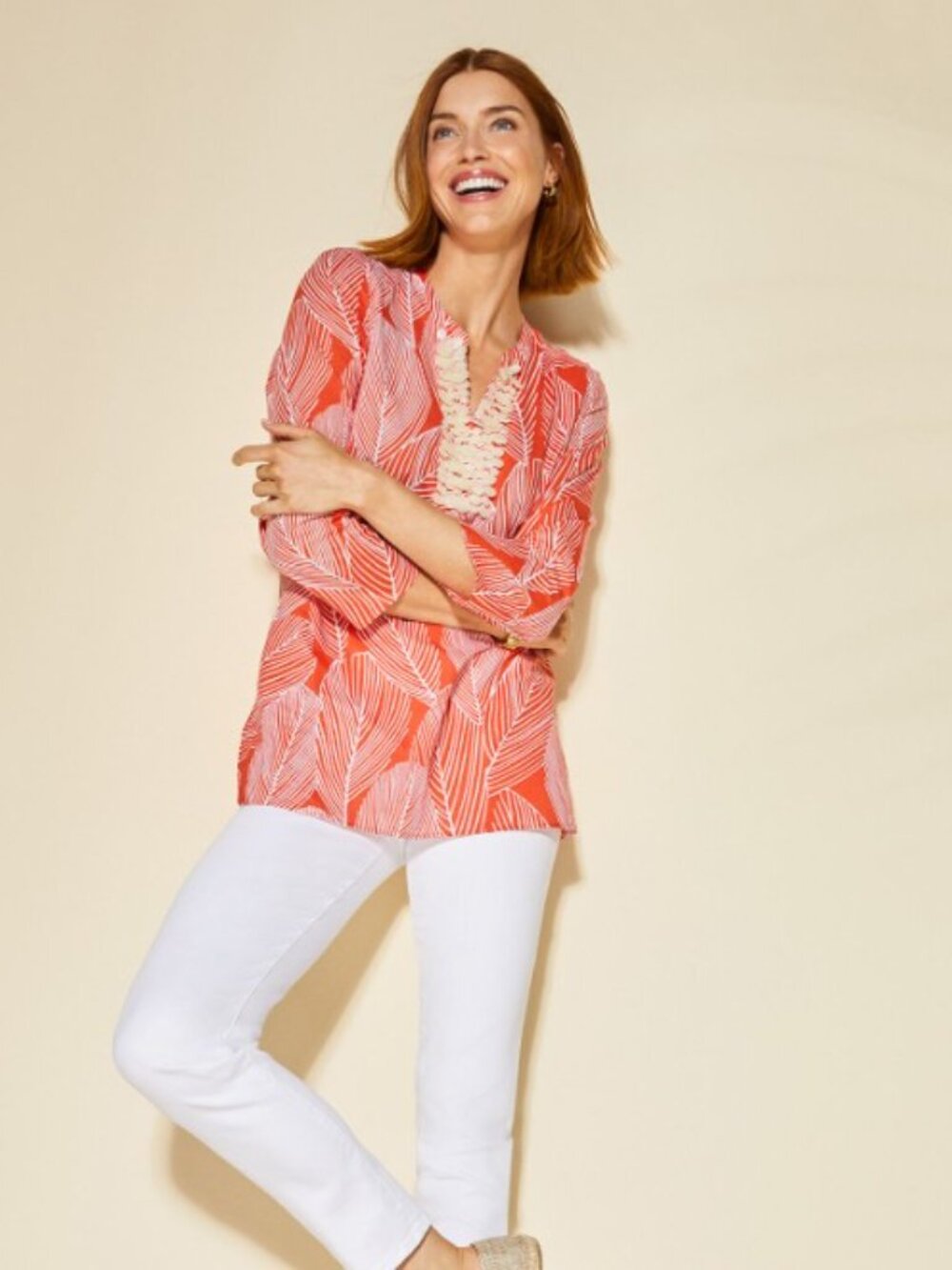 Talbots Embellished Palm Tunic Top Blouse Orange White Shell Leaf Cotton Size L
